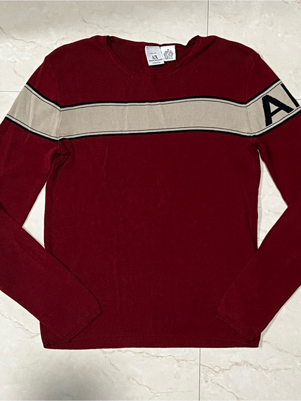 Armani Exchange Women’s Burgundy Crewneck Sweater with Cream Stripe